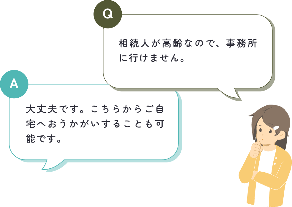 女性が「相続人が高齢なので、事務所に行けません。」と質問し、中嶋税理士が「大丈夫です。こちらからご自宅へおうかがいすることも可能です。」と回答している