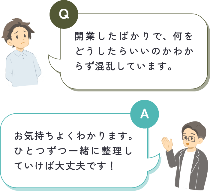 男性が「開業したばかりで、何をどうしたらいいのかわからず混乱しています。」と質問し、中嶋税理士が「お気持ちよくわかります。ひとつずつ一緒に整理していけば大丈夫です！」と回答している