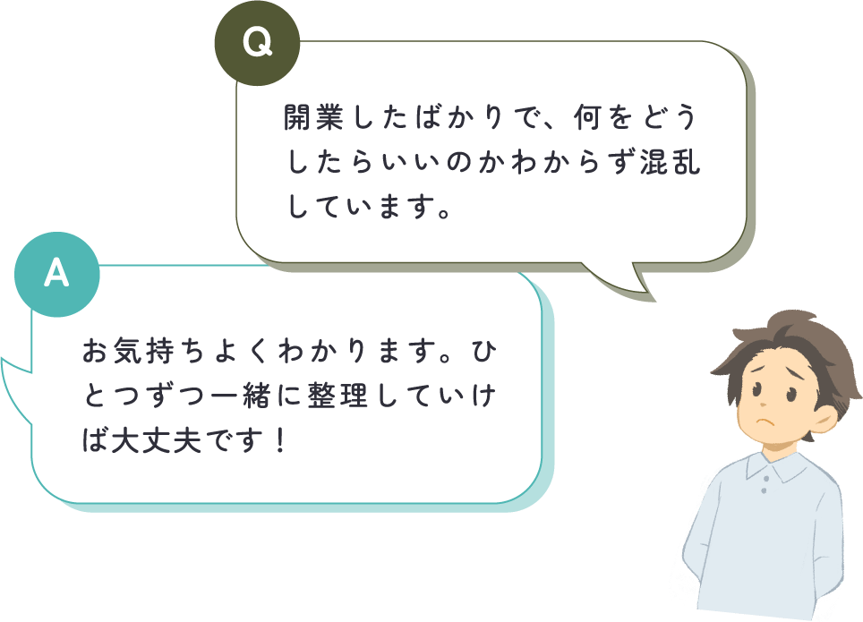 男性が「開業したばかりで、何をどうしたらいいのかわからず混乱しています。」と質問し、中嶋税理士が「お気持ちよくわかります。ひとつずつ一緒に整理していけば大丈夫です！」と回答している