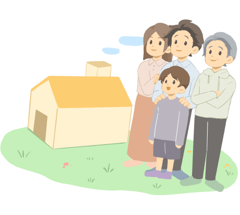 家と家の外で空を見上げる高齢の男性、夫婦、子どものイラスト