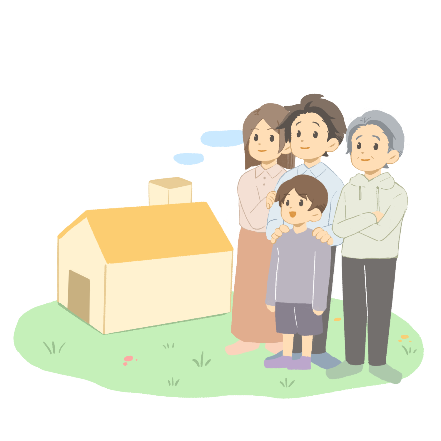 家と家の外で空を見上げる高齢の男性、夫婦、子どものイラスト