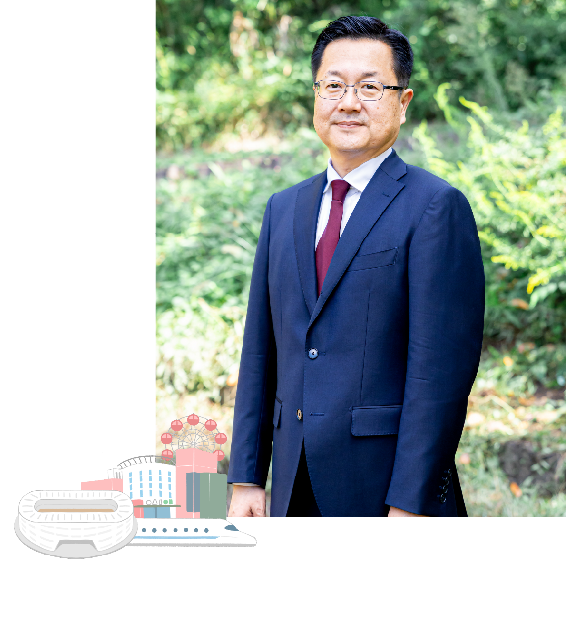 中嶋税理士の顔写真と日産スタジアム、新横浜駅の新幹線、モザイクモールのイラスト